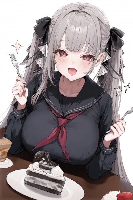 银发双马尾少女持叉吃蛋糕粉紫动漫手机壁纸