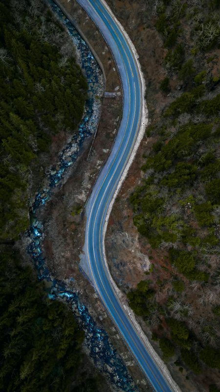 蜿蜒公路溪流穿林蓝绿自然风景手机壁纸