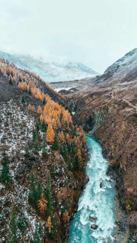 雪山峡谷湍流蓝白自然风景手机壁纸