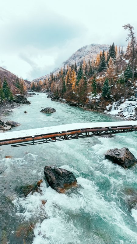 雪山溪流铁桥横跨蓝绿风景手机壁纸