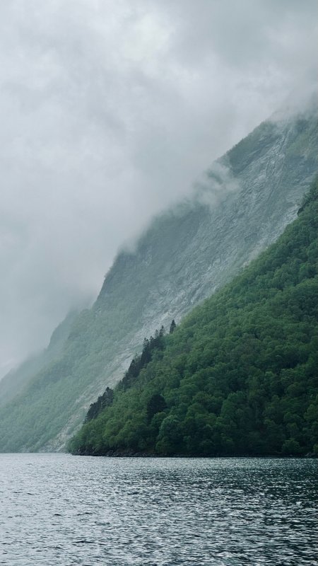 峡湾青山云雾缭绕灰绿风景手机壁纸