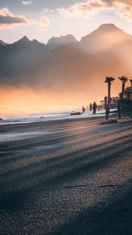 夕阳海滩棕榈山影暖金风景手机壁纸