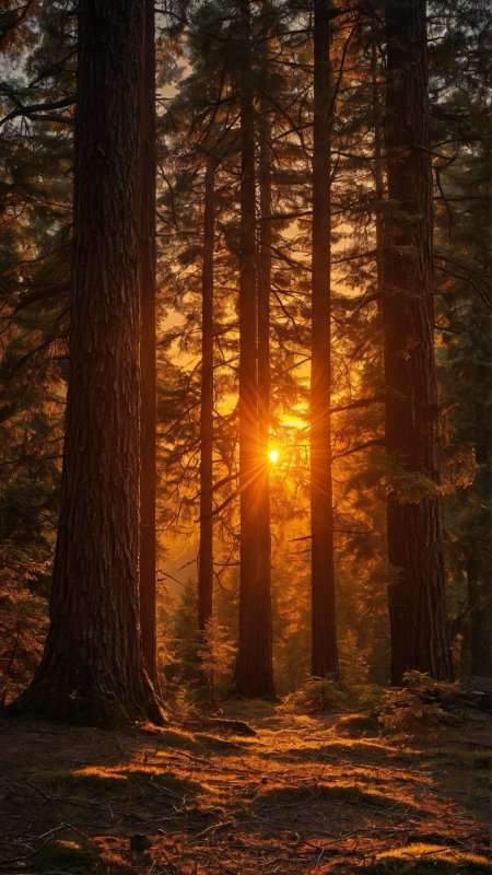 森林夕阳穿透松林金橙风景手机壁纸