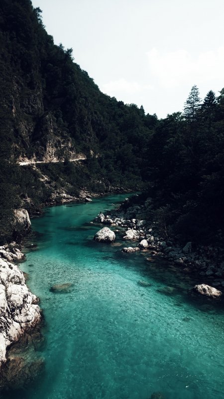 碧绿溪流穿林绕石青蓝风景手机壁纸