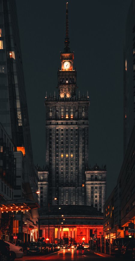 华沙文化科学宫夜景暖橙城市建筑手机壁纸
