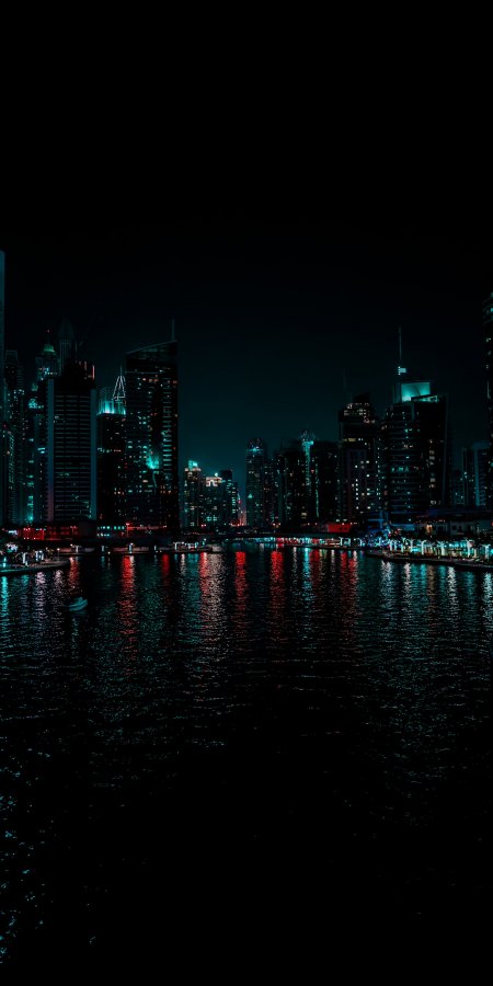 迪拜夜景高楼倒影蓝红霓虹城市建筑手机壁纸