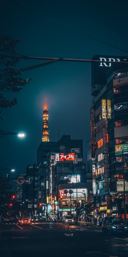 东京塔夜景霓虹闪烁蓝紫城市建筑手机壁纸