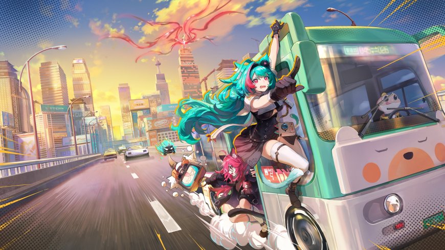 初音未来都市飞车蓝绿少女动漫电脑壁纸