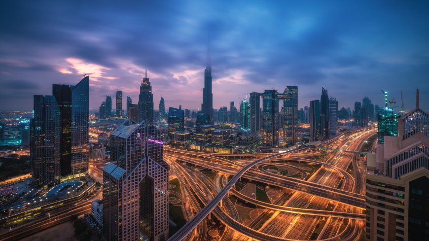 迪拜城市天际线夜景蓝紫城市建筑电脑壁纸