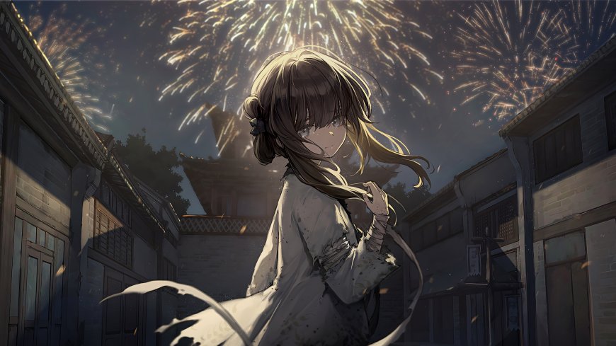 古风少女烟花夜巷暖金动漫电脑壁纸