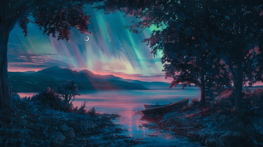 极光湖畔小舟静泊蓝紫风景插画电脑壁纸