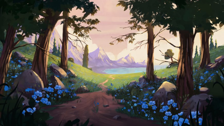 森林小径蓝花盛放粉紫风景插画电脑壁纸
