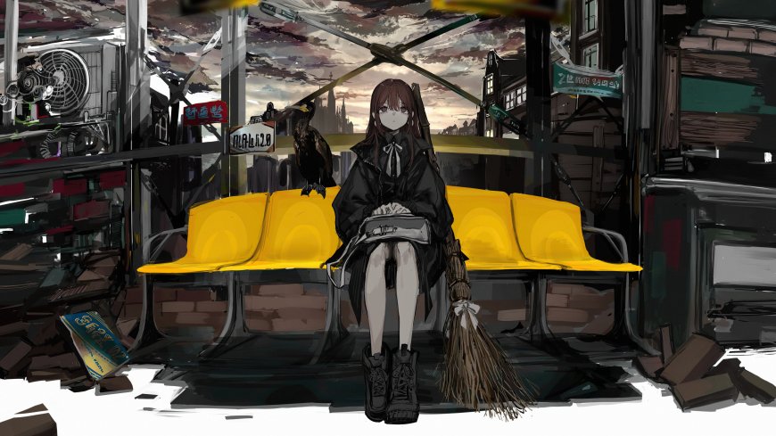 魔女少女坐公交站台灰黄废墟动漫电脑壁纸