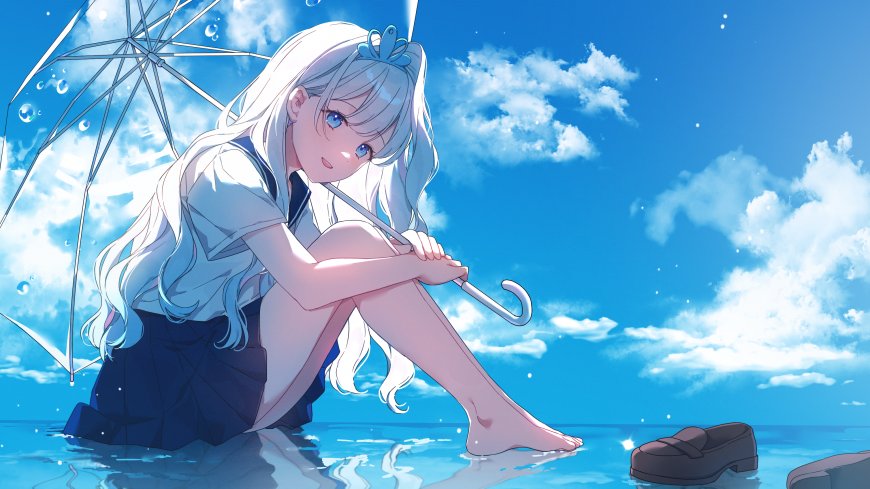 银发蓝眼少女持伞坐水边蓝白动漫电脑壁纸