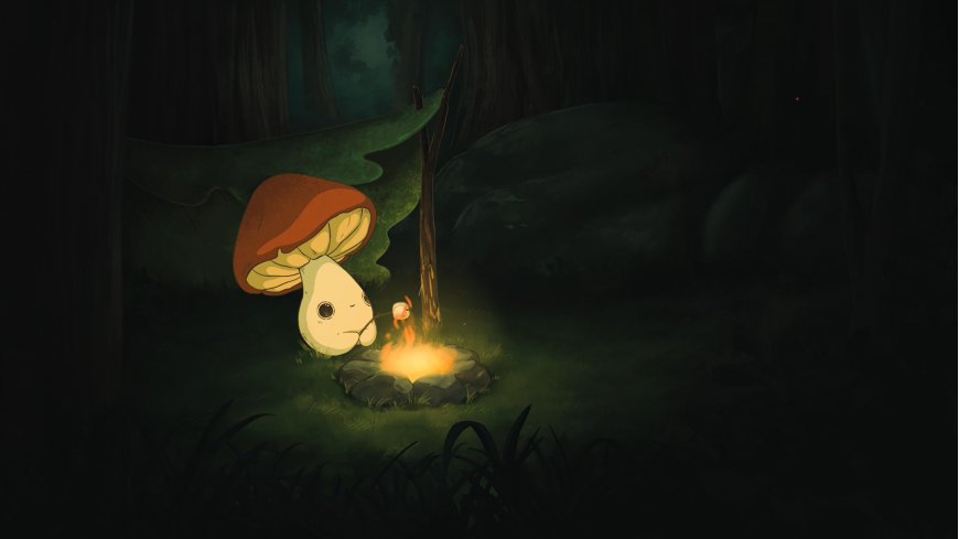 蘑菇精灵篝火夜林暗绿奇幻插画电脑壁纸