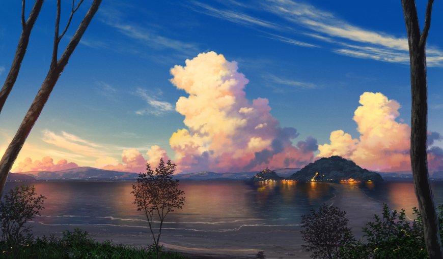 海边岛屿晚霞云彩蓝粉风景插画电脑壁纸