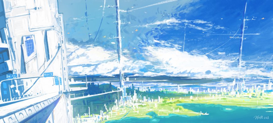 未来城市海岸线蓝白清新风景动漫电脑壁纸