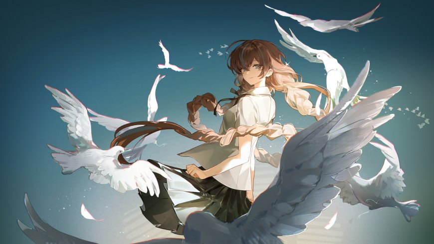 少女白鸽环绕蓝绿渐变动漫电脑壁纸