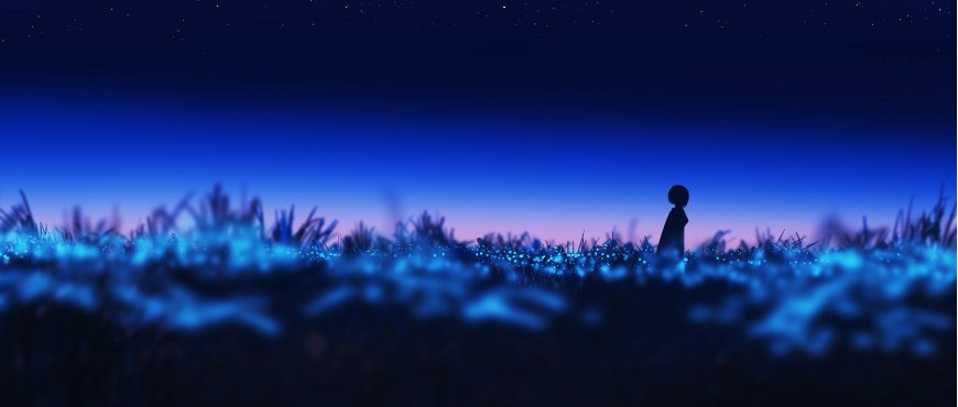 星空草地萤火少女蓝紫梦幻风景插画动漫电脑壁纸