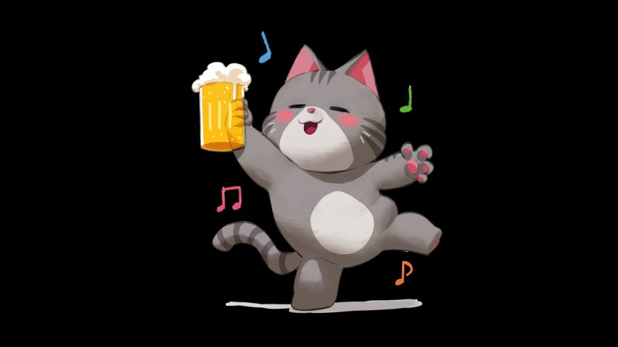 灰猫举杯跳舞彩色音符动漫电脑壁纸