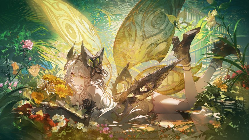 蝴蝶少女花丛躺卧金绿奇幻动漫电脑壁纸