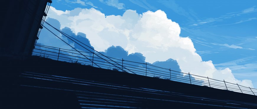 蓝天白云阶梯栏杆蓝白风景插画电脑壁纸