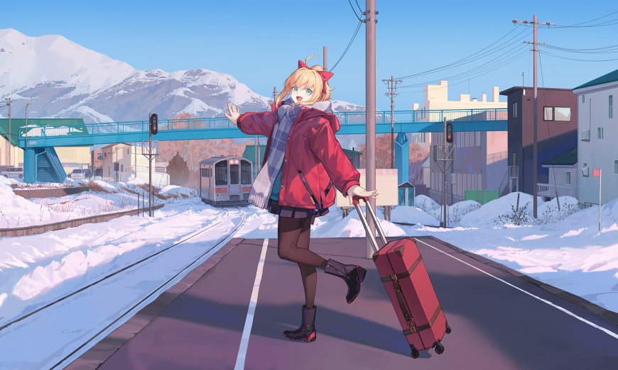 金发少女雪地挥手红衣行李箱动漫电脑壁纸