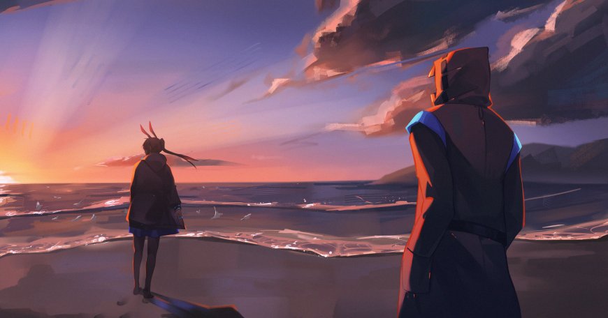 海边夕阳下双人背影橙紫动漫电脑壁纸