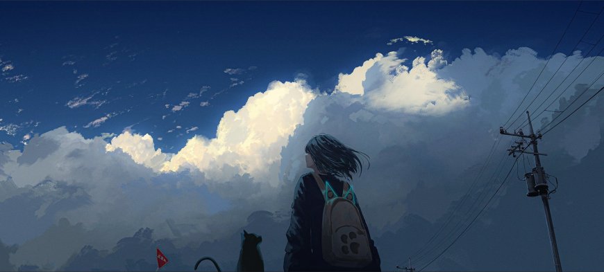 少女背影黑猫仰望云海蓝白动漫电脑壁纸