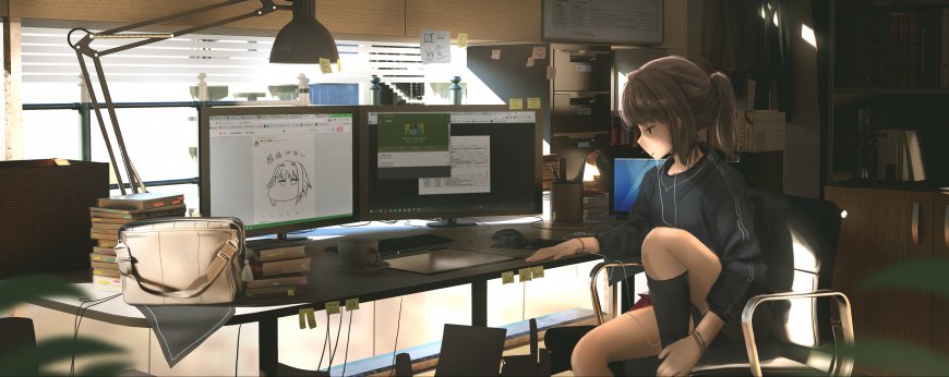 办公室少女双屏工作暖光动漫电脑壁纸