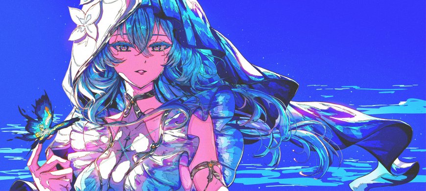 蓝发少女持蝶白帽粉蓝动漫电脑壁纸