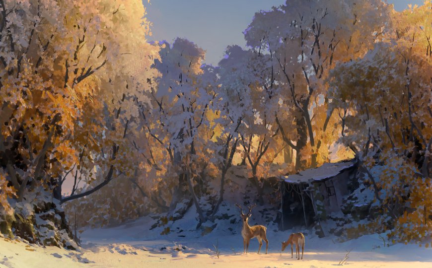 雪林鹿影暖金唯美高清风景电脑壁纸