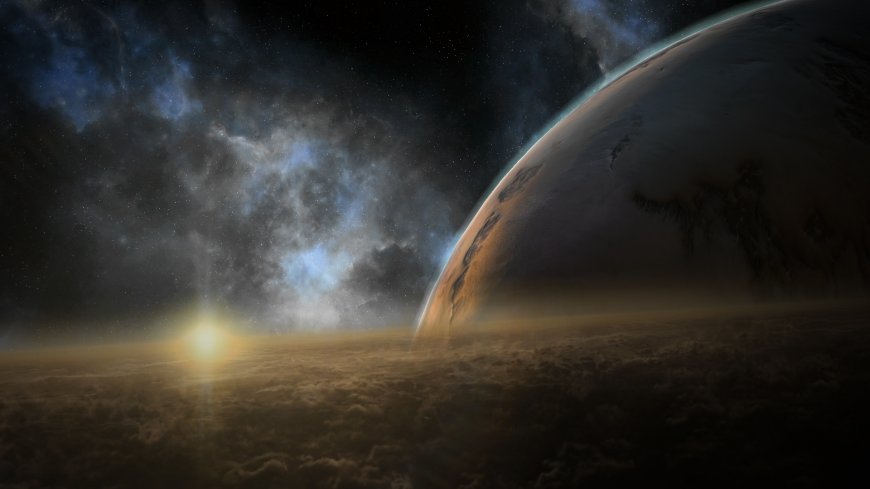 星云环绕行星日出暗蓝太空科幻电脑壁纸