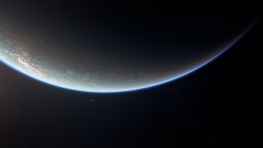 地球弧线飞船穿行深蓝太空科幻电脑壁纸