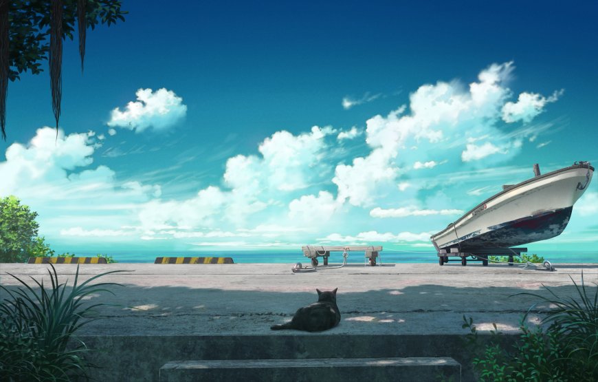 黑猫眺望海港小船蓝天白云插画动漫电脑壁纸