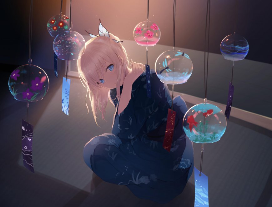 粉发蓝眼少女和风玻璃风铃紫蓝动漫电脑壁纸