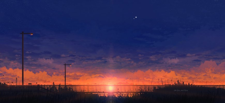 黄昏桥畔星辉云霞蓝紫风景电脑壁纸