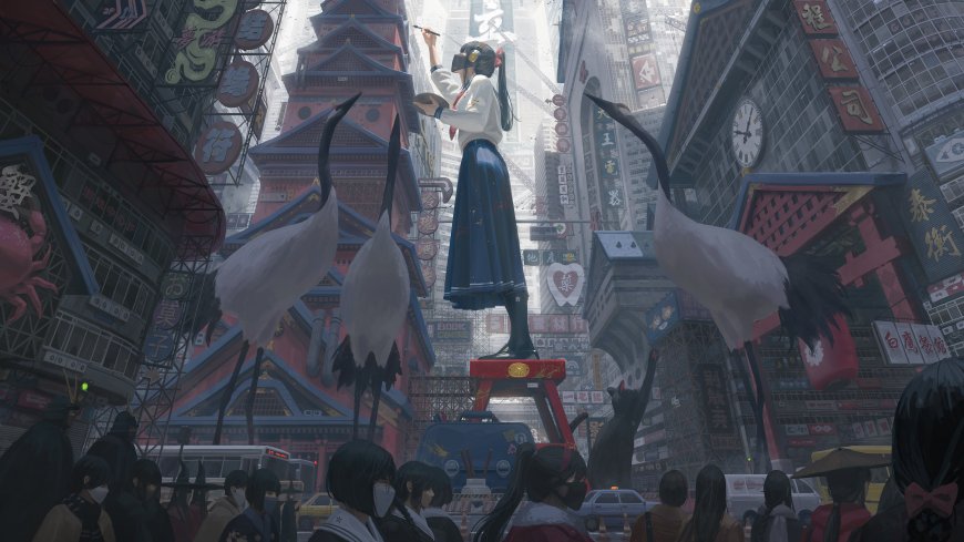未来都市少女持笔立高台灰蓝科幻电脑壁纸
