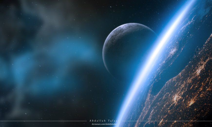 地球月球星辉璀璨暗蓝太空科幻电脑壁纸