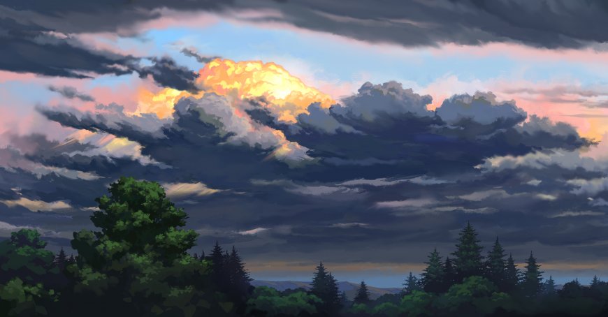 夕阳云海森林剪影蓝紫风景电脑壁纸
