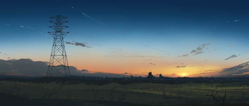 高压电塔夕阳余晖蓝橙风景电脑壁纸