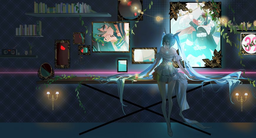 初音未来蓝发少女房间场景蓝紫动漫电脑壁纸