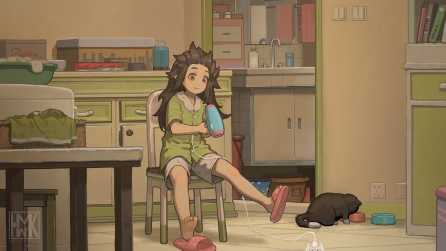 动漫少女吹头发温馨暖黄动漫电脑壁纸