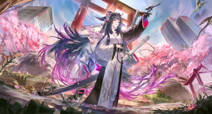 阴阳师妖刀姬樱花鸟居粉紫动漫电脑壁纸