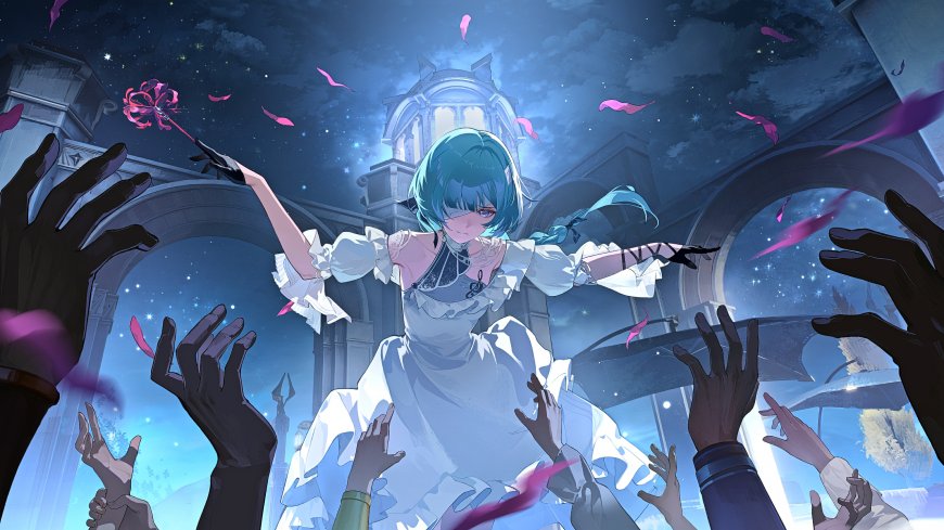 蓝发少女持花跃起紫粉梦幻动漫电脑壁纸