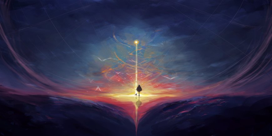 星空树影光柱倒影紫红奇幻电脑壁纸