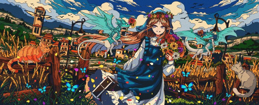 精灵少女持花与青龙共舞彩绘奇幻电脑壁纸
