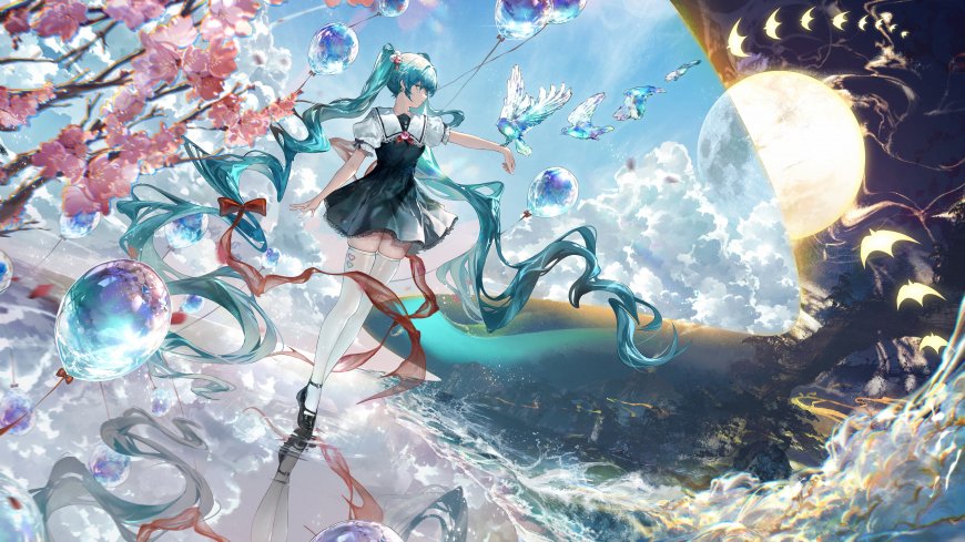 初音未来樱花气球蓝绿长发动漫电脑壁纸