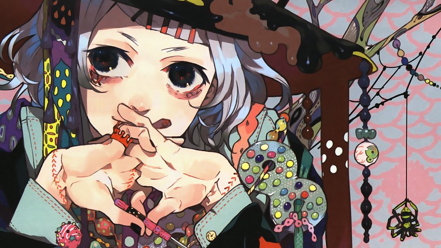 银发红瞳少女缝线装饰暗彩动漫电脑壁纸
