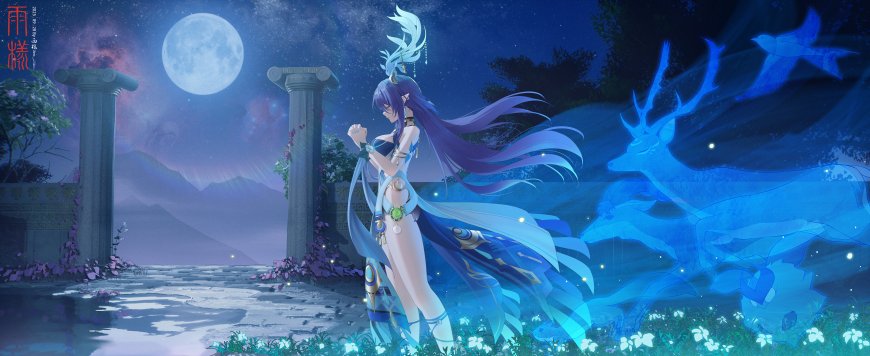 雨林少女紫发蓝衣月夜古柱奇幻电脑壁纸